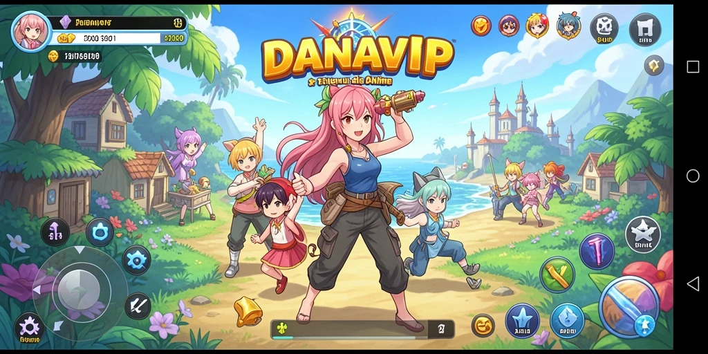 Screenshot gameplay DANAVIP menampilkan karakter anime dalam pertempuran dinamis.