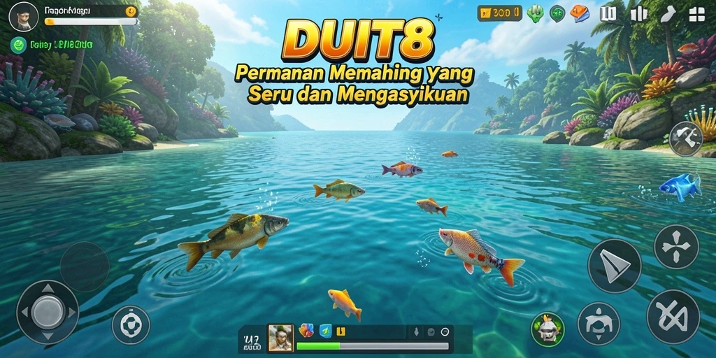 Tampilan gameplay DUIT8 yang menampilkan keseruan memancing ikan.