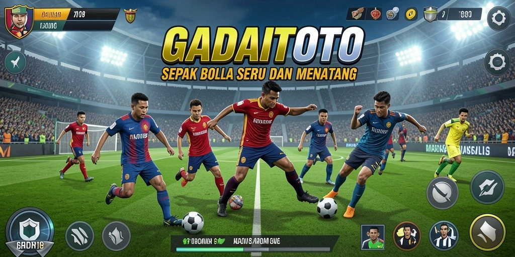 Tampilan permainan dinamis dengan aksi sepak bola yang mendebarkan.