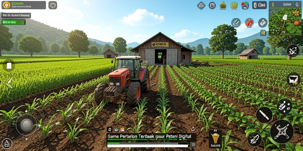 Screenshot gameplay GOWIN menampilkan suasana pertanian yang indah.