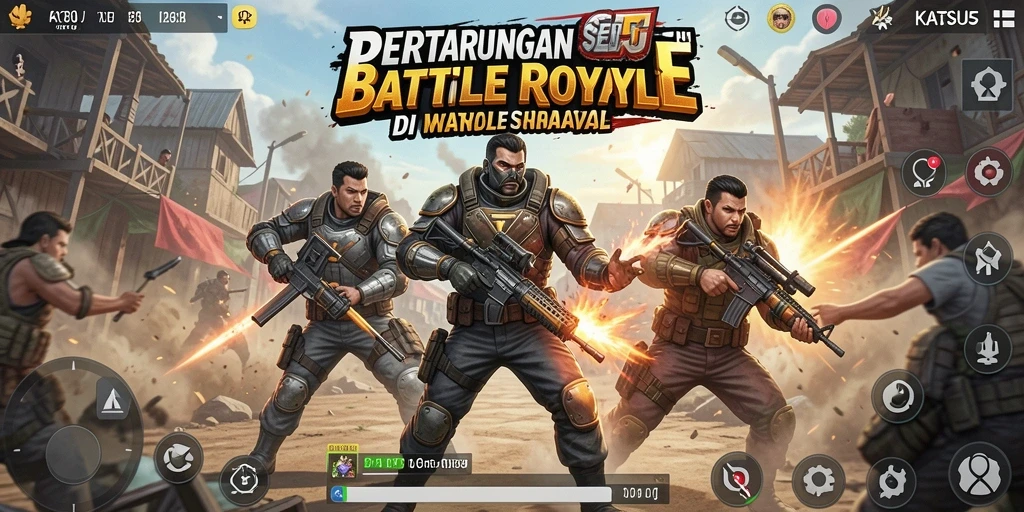 Screenshot gameplay KATSU5 menampilkan aksi mendebarkan dalam peperangan Battle Royale.