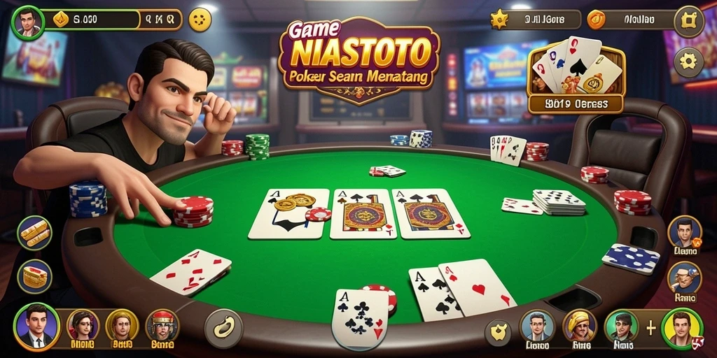 Screenshot NIASTOTO menampilkan gameplay Poker yang menegangkan dan interaksi antar pemain.