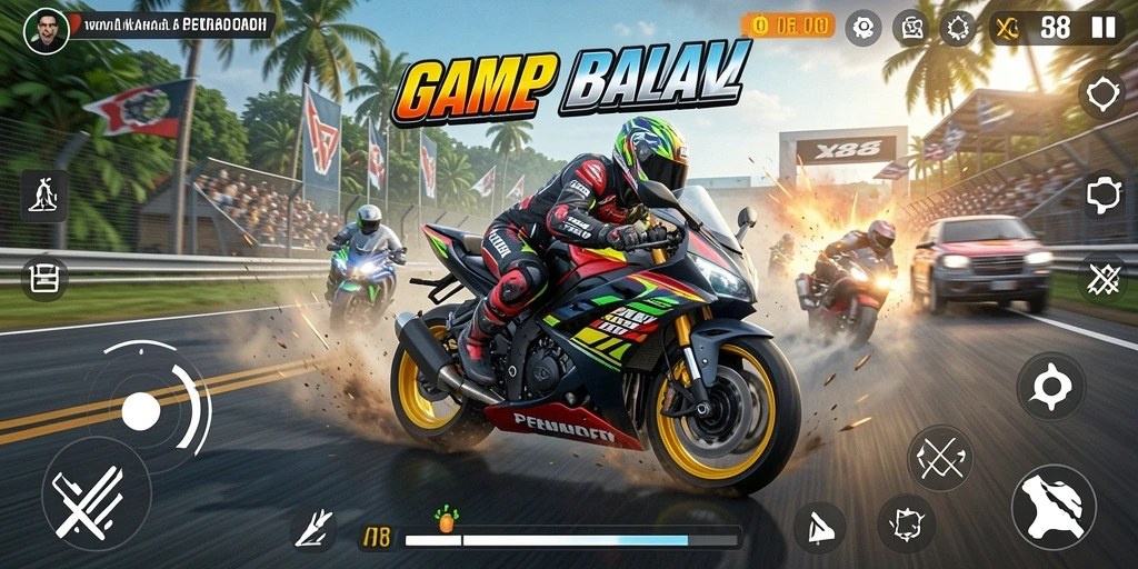 Tampilan gameplay X88 dengan balapan motor yang seru.